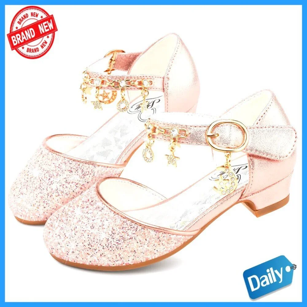 Girls Dress Sandals with Sequins Velcro Straps 1 Inch Heel Flower Wedding Party